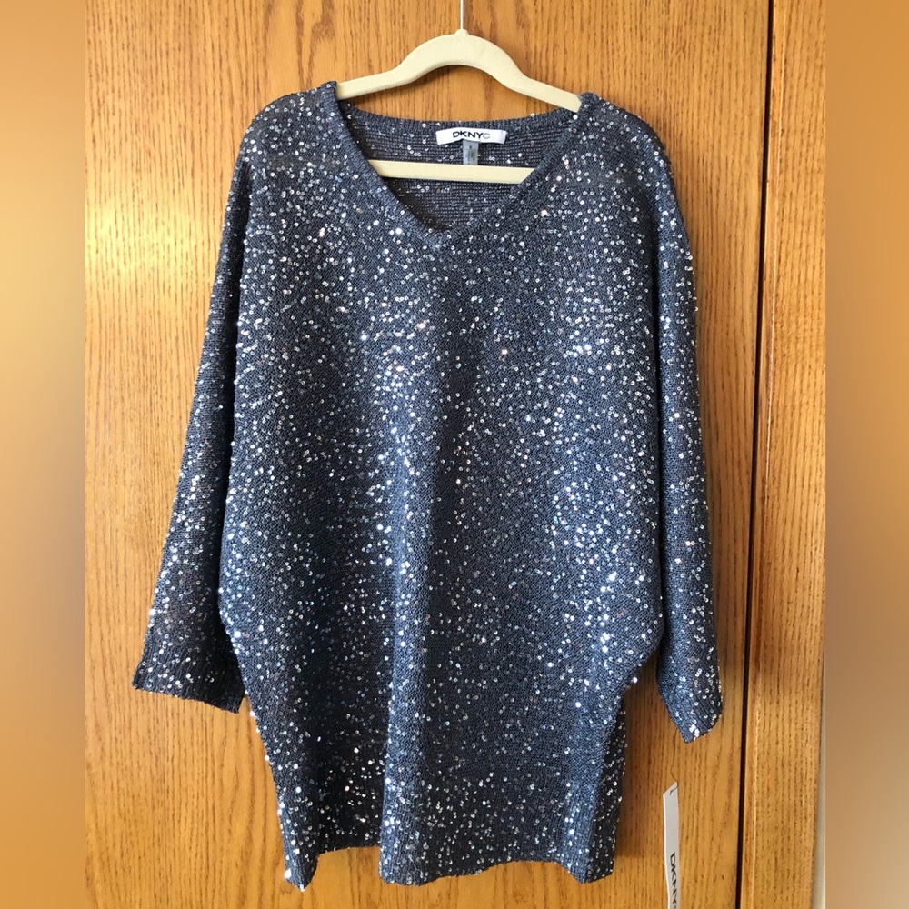 DKNYC Navy Sequin Crewneck Sweater. New with tags.